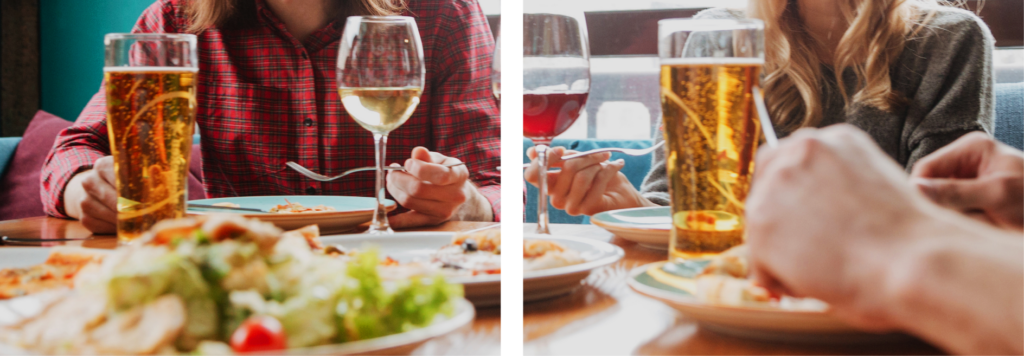 Ein Tisch mit verschiedenen Gästen, Getränke und Speisen.